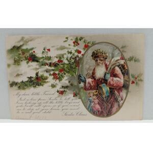 Antique Christmas Postcard Santa Claus Dressed in Pink Robe with Blue Mittens